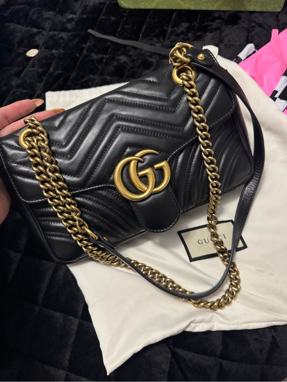 Gucci Black Chevron Leather Shoulder Bag with Gold Double G
